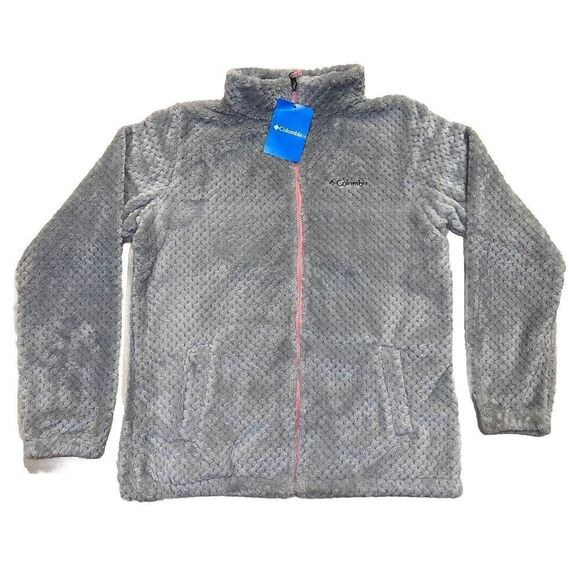 New With Tags Columbia Girl's Fire Side Sherpa Full-Zip Jacket Gray/Pink XL - Picture 2 of 4